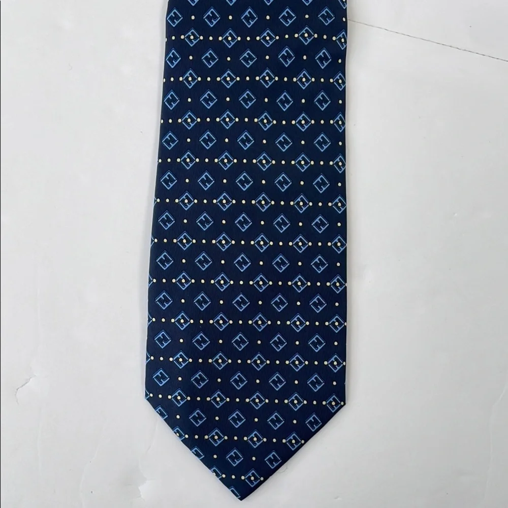 Fendi Cravatte Silk Tie Navy Blue with Light Blue Fendi Logo Yellow Dots